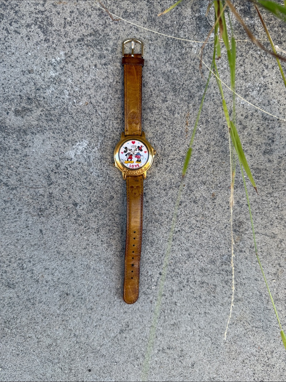 Mickey and Minnie Mouse Brown Leather Strap Watch with Gold Case